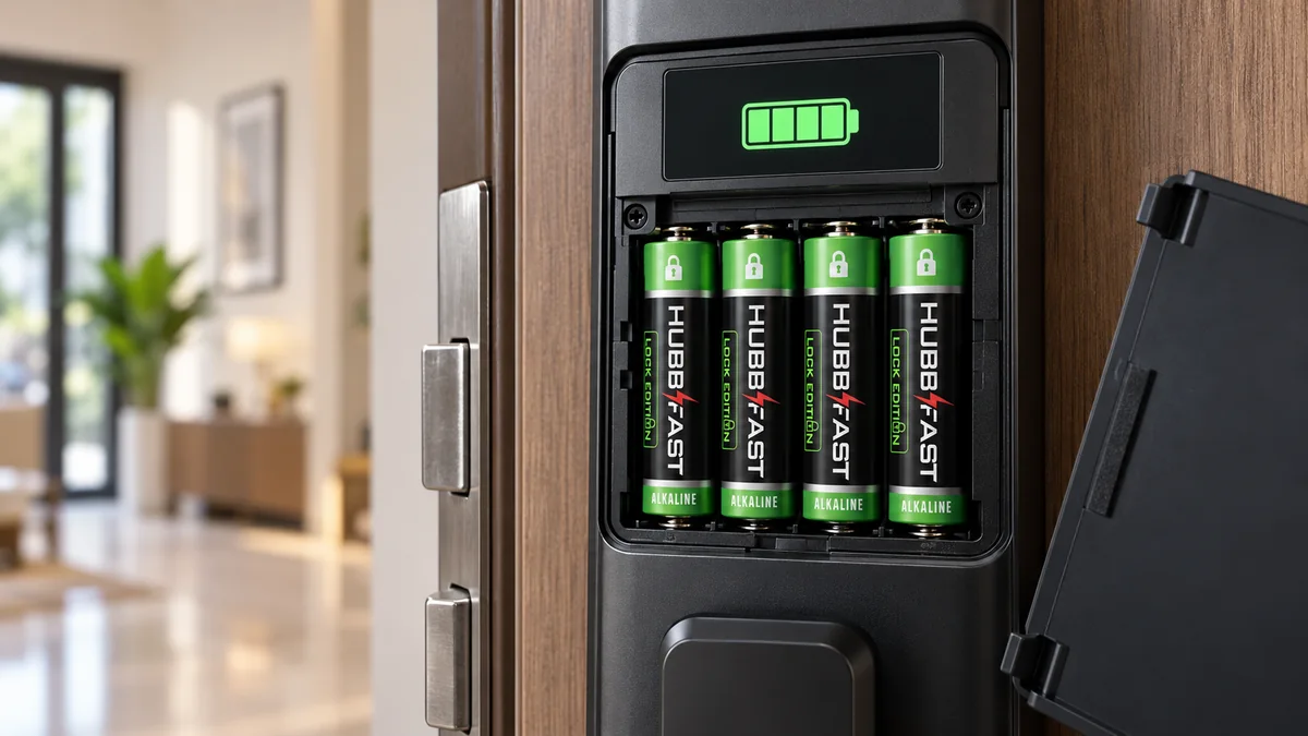 Khoang pin khóa thông minh lắp 4 viên HubbFast Lock Edition, màn hình báo pin đầy