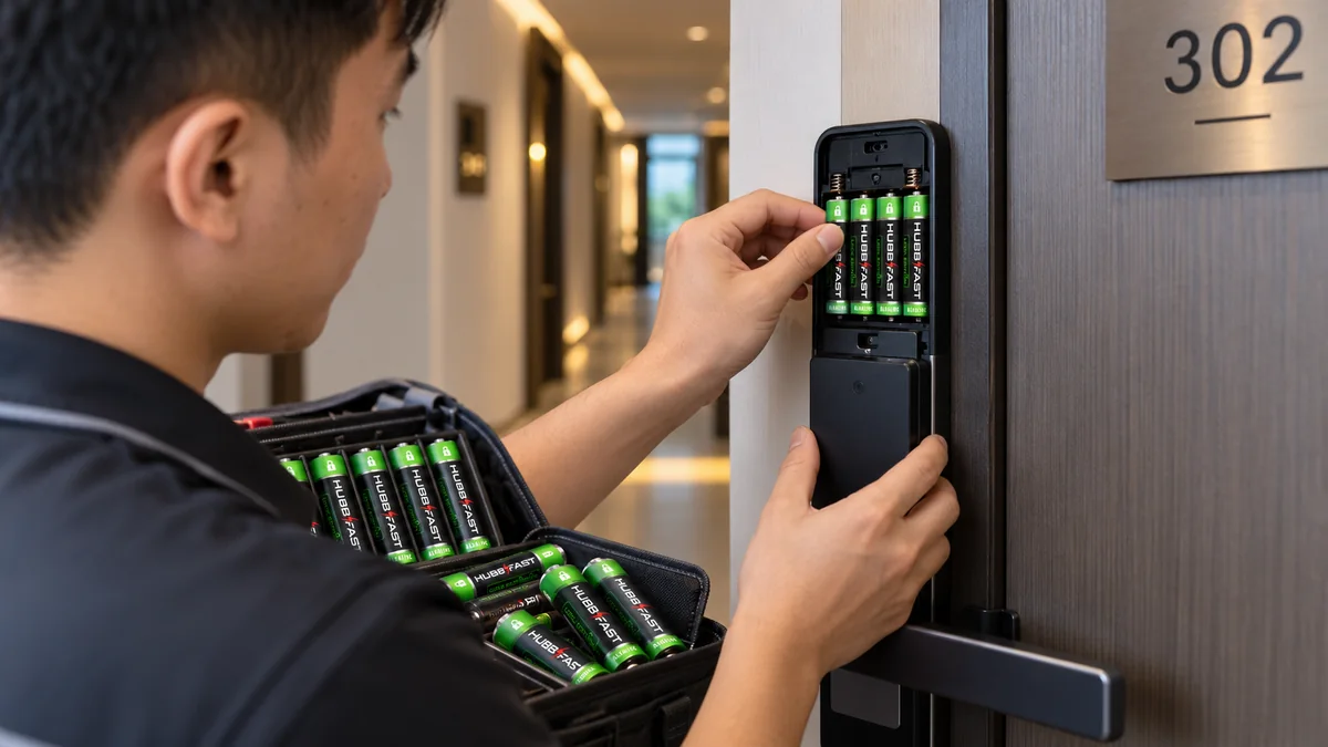 Kỹ thuật viên thay pin AA HubbFast Lock Edition cho khóa cửa phòng khách sạn