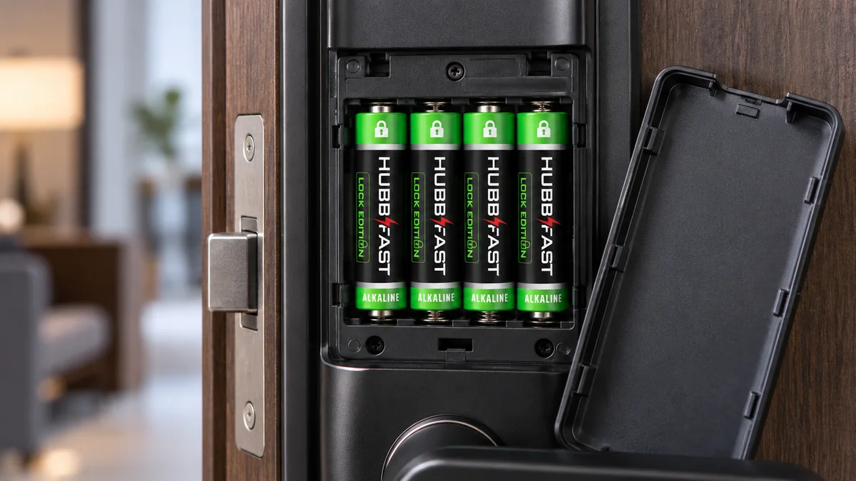 Lắp pin HubbFast Lock Edition vào khoang pin khóa cửa thông minh Samsung SHP