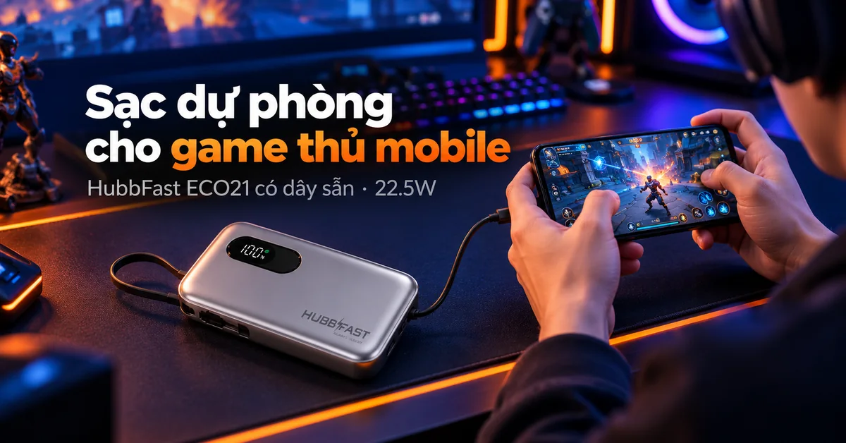 Sạc dự phòng cho game thủ mobile – HubbFast ECO21 có dây sẵn · 22.5W