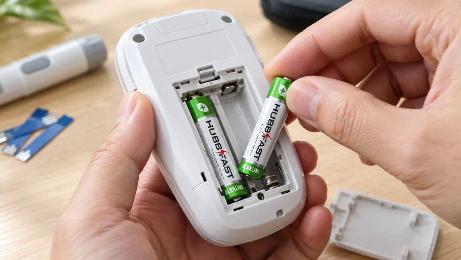 Lắp pin AA HubbFast Premium vào khoang pin máy đo đường huyết