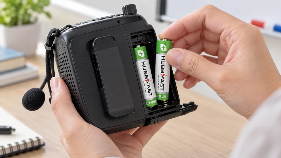 Lắp pin AA HubbFast Premium vào khoang pin máy trợ giảng