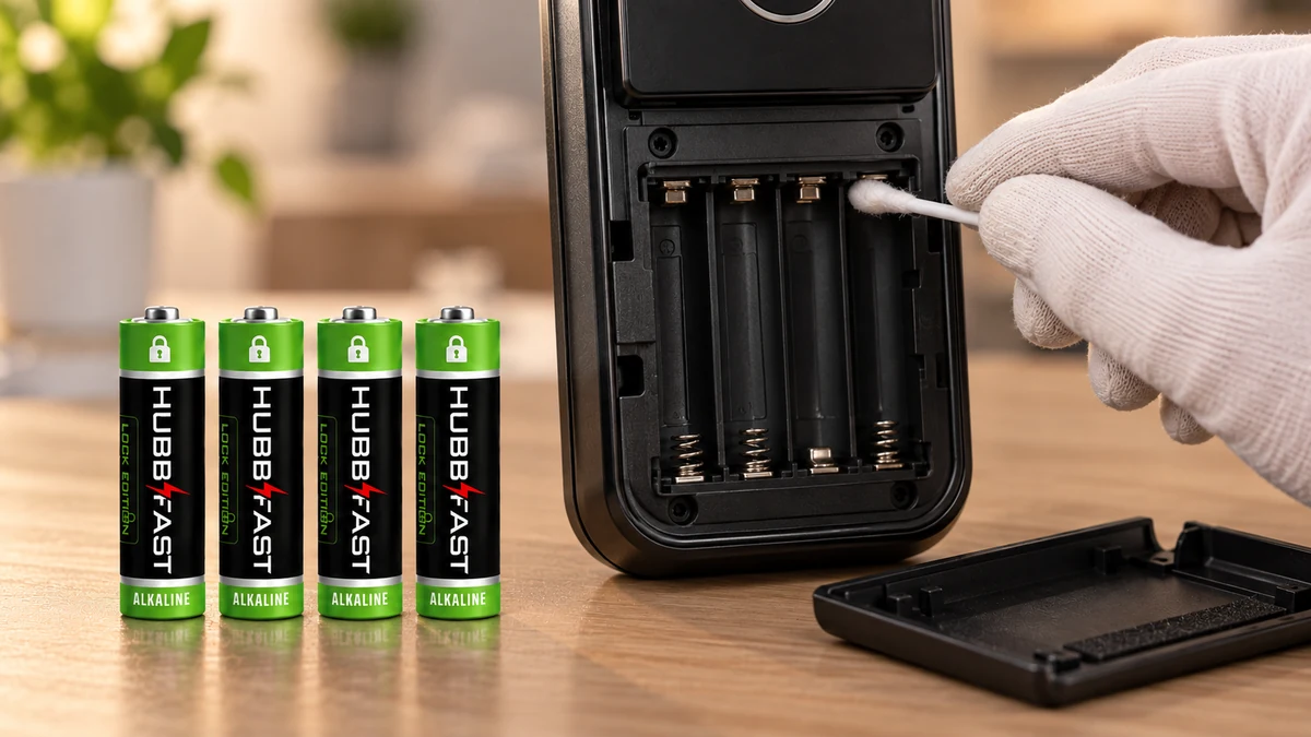Vệ sinh tiếp điểm khoang pin khóa Gateman trước khi lắp pin AA HubbFast Lock Edition
