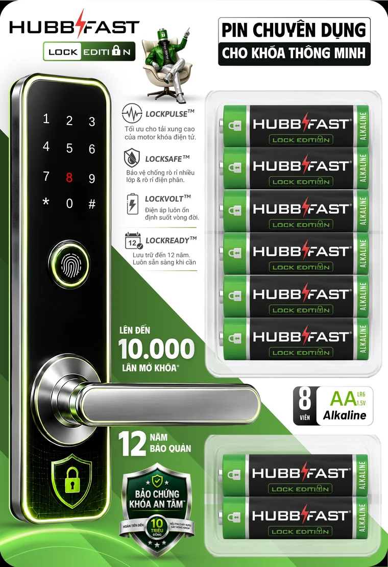 Vỉ pin AA HubbFast Lock Edition 8 viên cho khóa thông minh