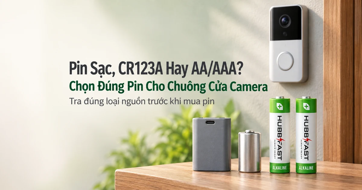 Pin cho chuông cửa camera: chuông cửa có hình gắn tường cạnh khối pin sạc USB-C, pin CR123A và hai viên pin AA HubbFast Premium thân trắng trên kệ gỗ