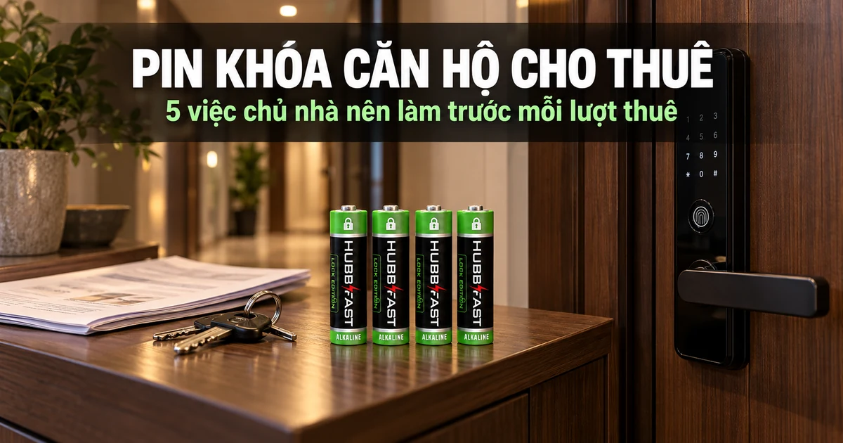 Pin cho khóa căn hộ cho thuê: cửa căn hộ có khóa vân tay, chìa khóa, hợp đồng thuê và 4 viên pin AA HubbFast Lock Edition trên kệ gỗ