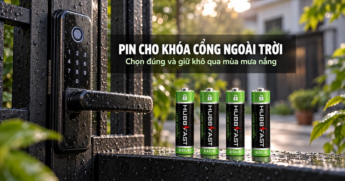 Pin cho khóa cổng ngoài trời: khóa vân tay đen trên cổng sắt ướt mưa và 4 viên pin AA HubbFast Lock Edition trên gờ cổng
