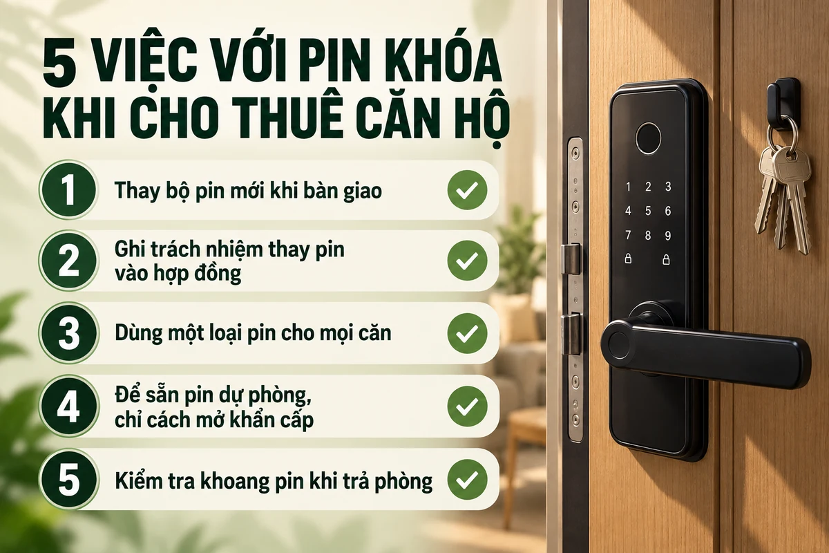 Infographic 5 việc với pin khóa khi cho thuê căn hộ: thay pin khi bàn giao, ghi vào hợp đồng, thống nhất loại pin, để pin dự phòng, kiểm tra khi trả phòng