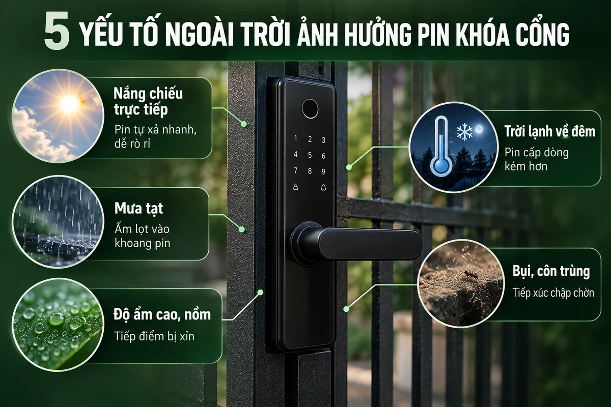 Infographic 5 yếu tố ngoài trời ảnh hưởng pin khóa cổng: nắng, mưa tạt, độ ẩm, trời lạnh, bụi và côn trùng