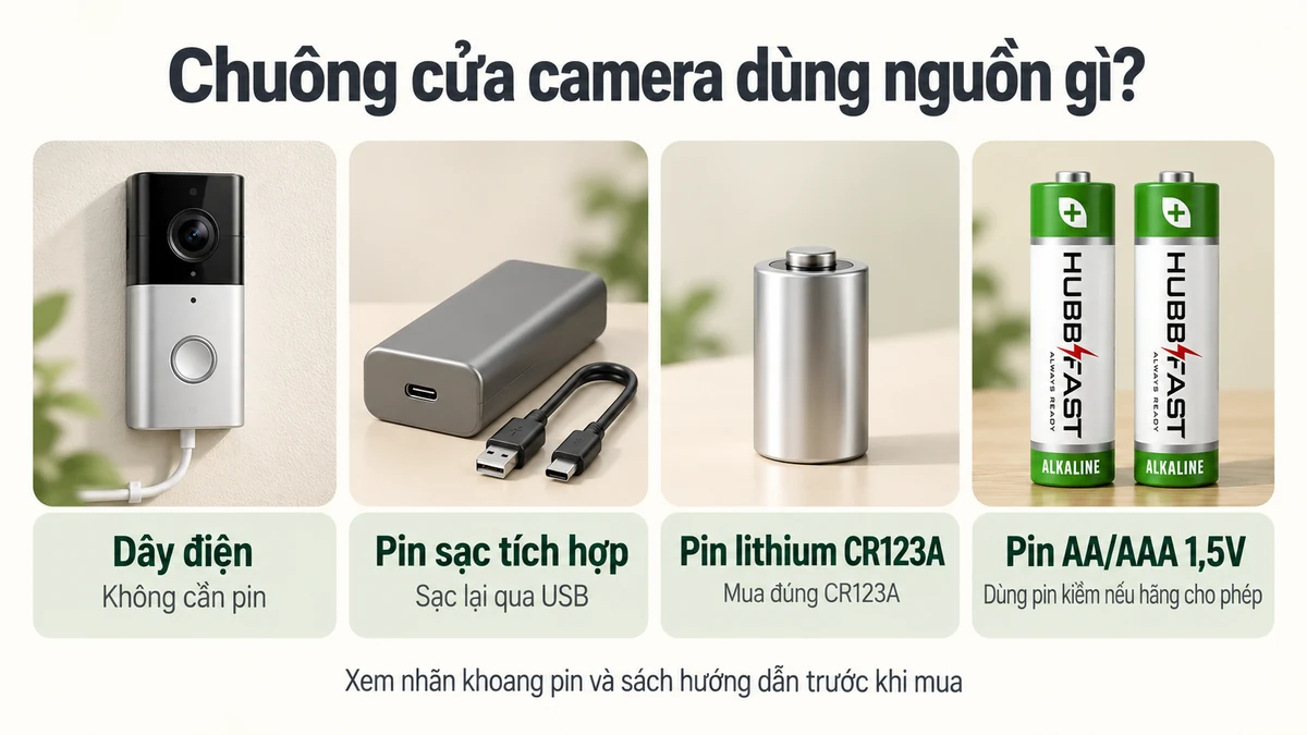 Infographic chuông cửa camera dùng nguồn gì: dây điện, pin sạc tích hợp, pin lithium CR123A và pin AA/AAA 1,5V như HubbFast Premium