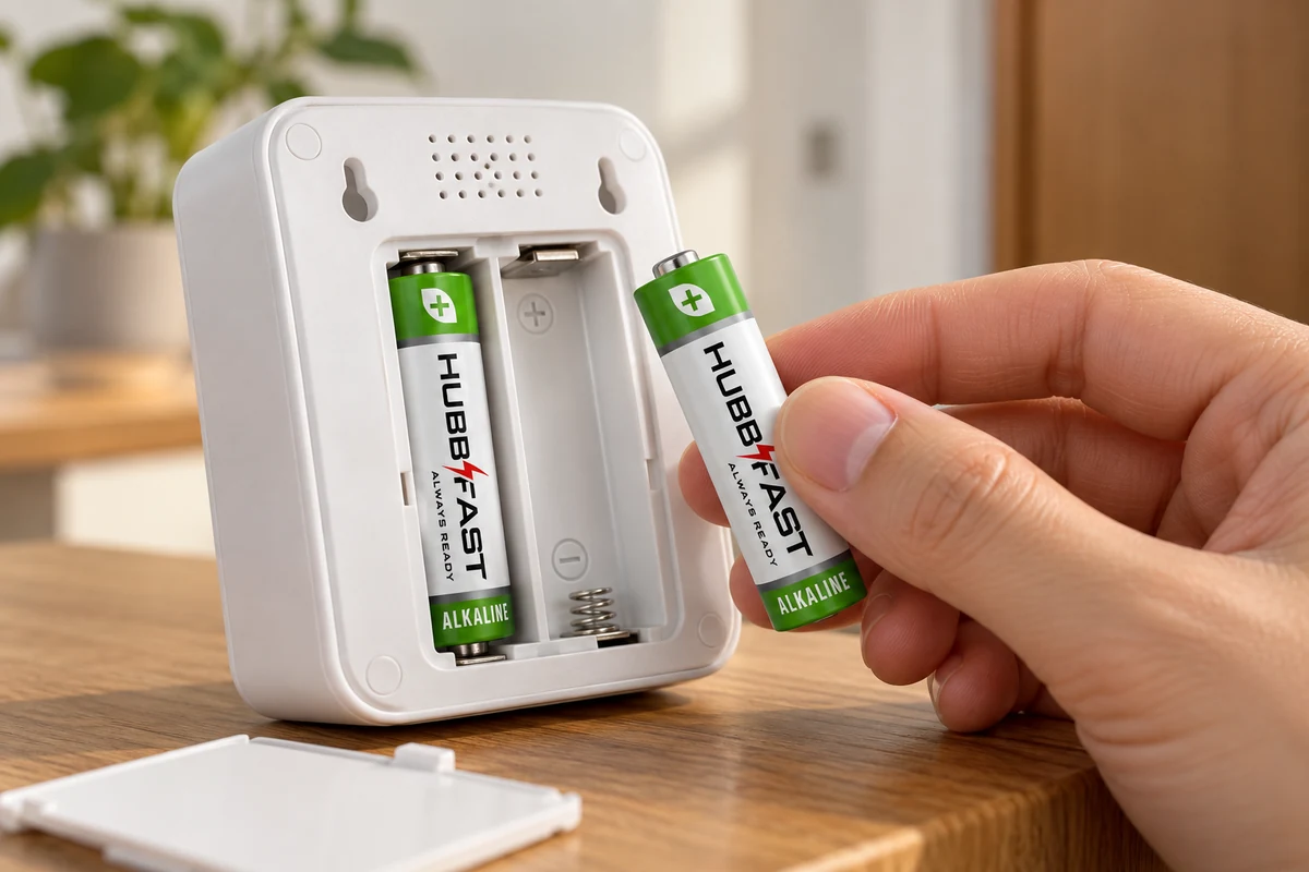 Tay lắp pin AA HubbFast Premium vào khoang pin hai khe của bộ chuông báo trong nhà không dây đặt trên kệ gỗ phòng khách