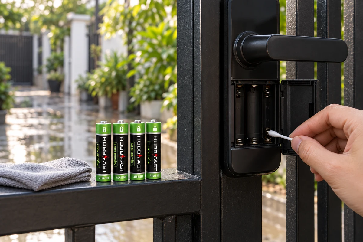 Lau tiếp điểm khoang pin khóa cổng ngoài trời trước khi lắp 4 viên pin AA HubbFast Lock Edition