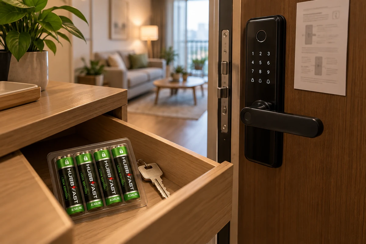 Vỉ pin AA HubbFast Lock Edition dự phòng và chìa cơ trong ngăn tủ cạnh cửa căn hộ cho thuê có khóa vân tay