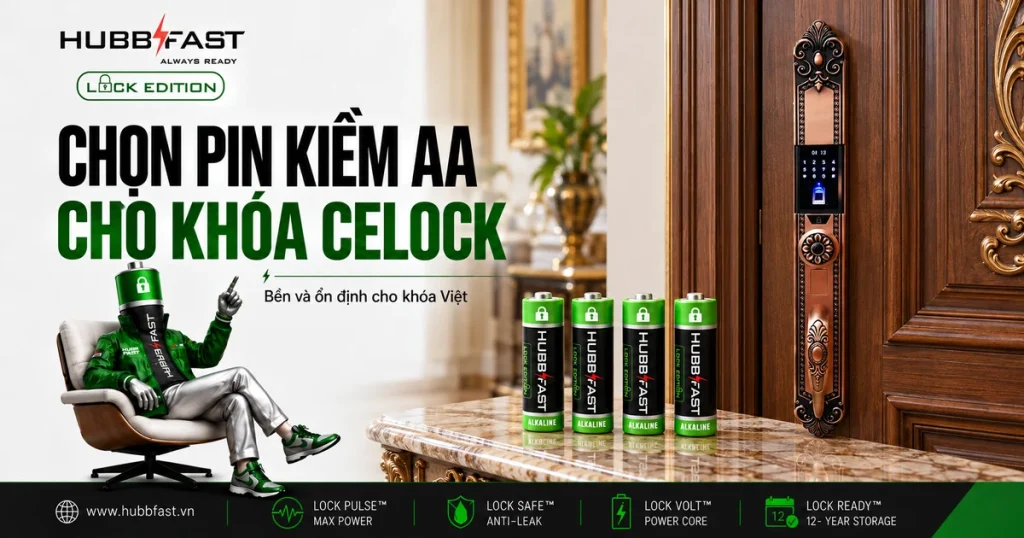 Bìa bài chọn pin kiềm AA cho khóa Celock — pin HubbFast Lock Edition