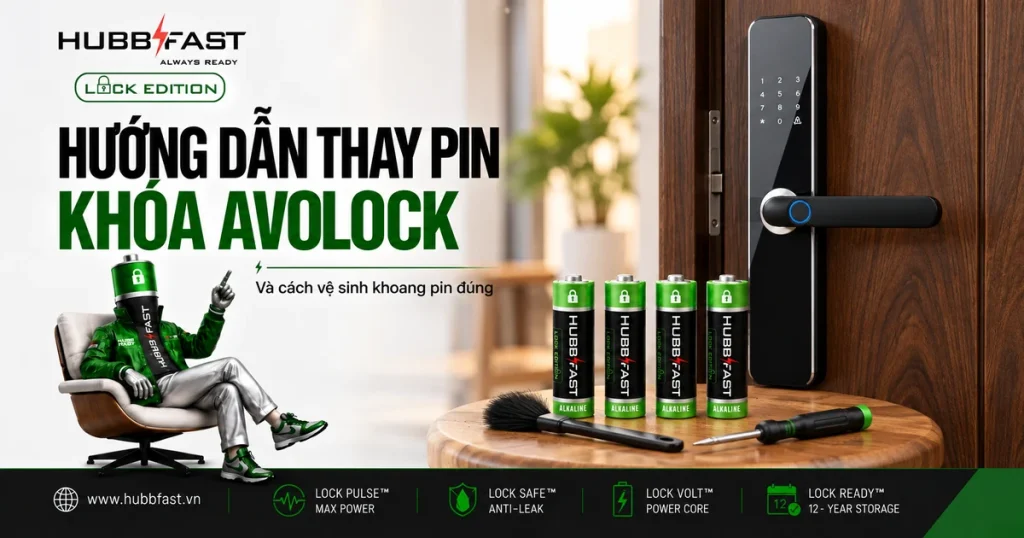 Bìa hướng dẫn thay pin khóa Avolock — pin AA HubbFast Lock Edition