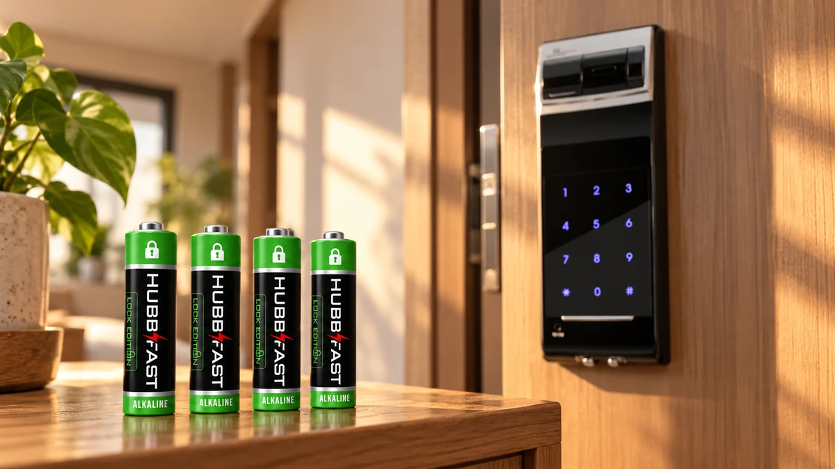 Pin AA HubbFast Lock Edition đặt cạnh khóa vân tay Gateman trên cửa gỗ