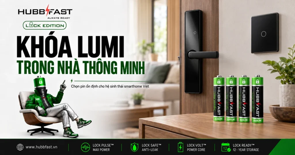 Bìa bài pin cho khóa Lumi trong nhà thông minh — pin AA HubbFast Lock Edition