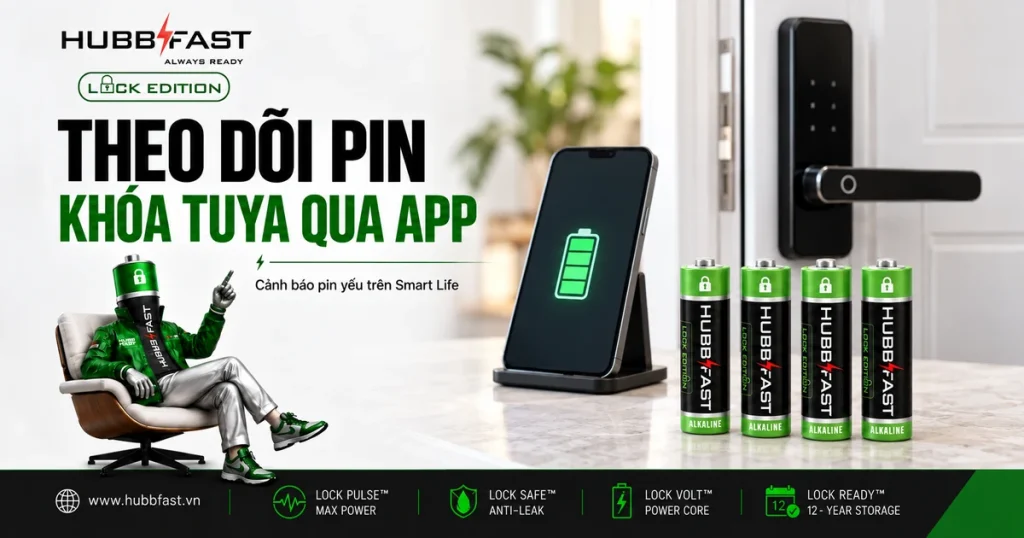 Khóa Tuya/Smart Life: Theo Dõi Và Cảnh Báo Pin Qua App 1 Bìa bài theo dõi pin khóa Tuya qua app Smart Life — pin AA HubbFast Lock Edition